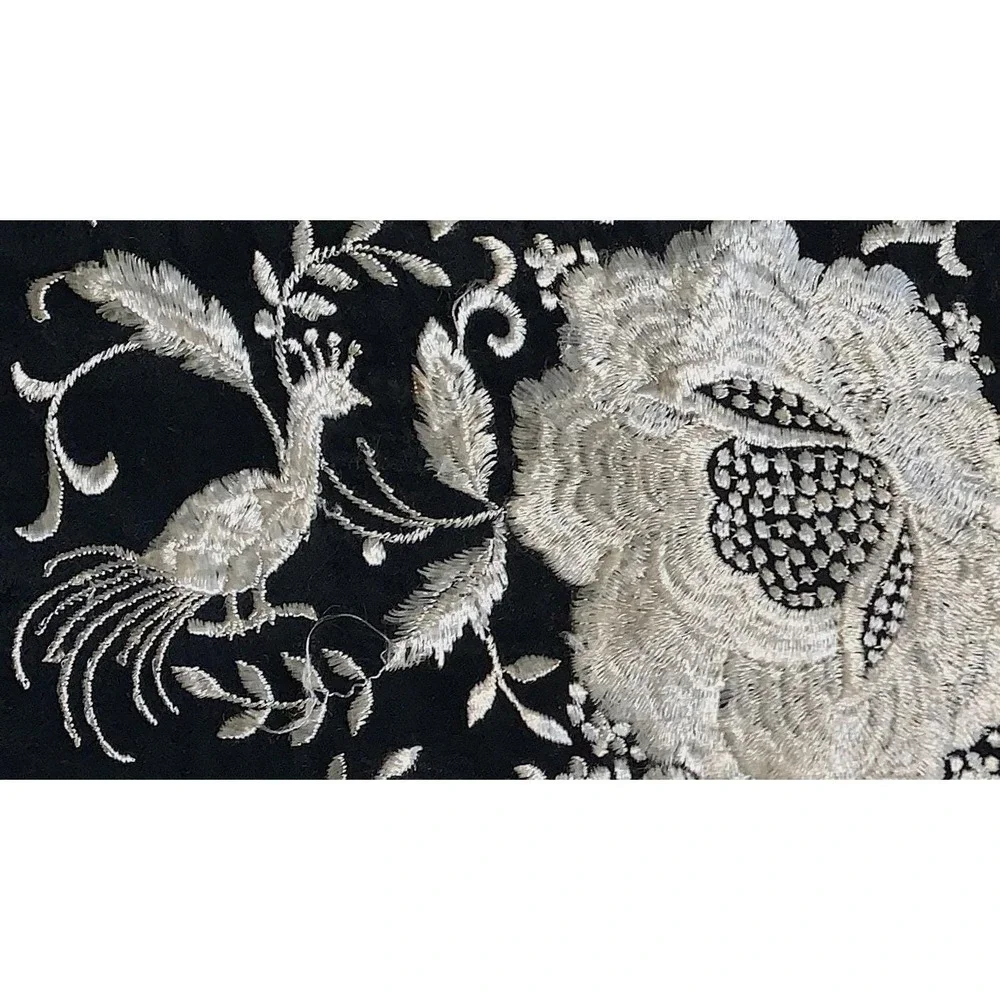 Antique Black Ivory Silk Floral w Peacocks Embroidered Manila Fashion Shawl READ